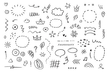 Wall Mural - Hand drawn simple elements set. Sketch underlines, icons, emphasis, speech bubbles, arrows and shapes. Vector illustration isolated on white background.