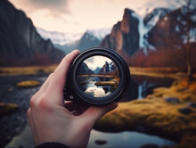 The Hand Holds The Lens And Through It You Can See A Beautiful Landscape Of Mountains And A Small River.
