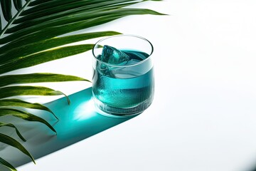 Refreshing summer blue cocktail in a low wide glass with ice cube and tropical palm leaves on a white background. Generative AI