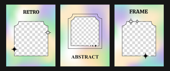 Poster - Set of three gradient vector backgrounds with line frames, y2k style covers with copy space, modern millennial colorful backdrops.