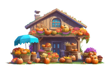 ui set vector illustration of autumn pumpkin fair near garden house garage isolate on white background