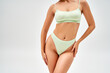© LIGHTFIELD STUDIOS - Cropped view of seductive young woman in modern light green panties and bra touching hip and standing isolated on grey, self-acceptance and body positive concept, femininity, body love