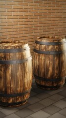 Wall Mural - a visual tour through a series of wooden barrels placed near a wall. industry and craft production. 