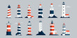 © Tartila - Lighthouses collection. Cartoon nautical navigation light tower, lighthouse beacon and light house symbol, marine seaside architecture flat style. Vector set