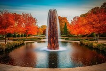 Stunning Autumn Fountain At Dallas Botanical Garden. Generative AI