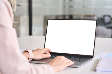 business woman worker or student elearning looking at white mock up blank screen using laptop comput