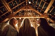 © Road Red Runner - Three girls look at the bright decoration on the roof of the barn, ready for a party.