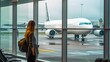 Frau wartet auf dem Flughafen auf Ihren Abflug, Reiselust, Fernweh, generative AI