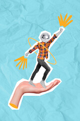 Sticker - Vertical collage picture of big arm palm hold mini guy disco ball instead head isolated on creative blue paper background