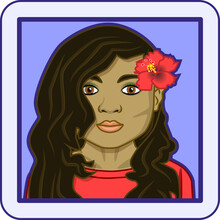 Avatar Profile Pic Of Young Polynesian Woman With Black Hair, Brown Eyes And A Red Hibiscus Flower In Her Hair. Vector Illustration.