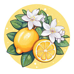 Wall Mural - Citrus fruit and flowers colorful composition with lemons illustration. Round arrangement bouquet, generative AI