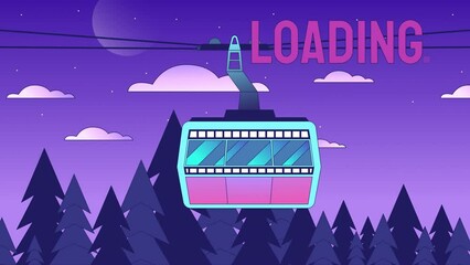 Fototapete - Cable car night loader animation. Aerial cableway in summer spruce forest nighttime. Flash message 4K video. Chill lofi colour loading animation with alpha channel transparency for UI, UX web design