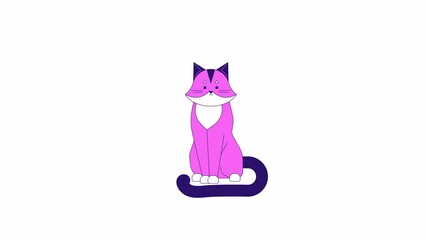 Poster - Funky cat wagging tail animation. Animated isolated 2D cute kawaii pet. Winking animal. Cartoon colour flat line character 4K video footage, white background, alpha channel transparency for web design