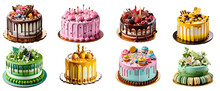 Set Of Cake Decorated With Blueberries, Cookies And Chocolates On A Transparent Background. Flat Lay Of  Colorful Birthday Cakes