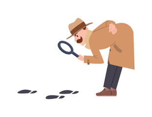 Curious detective looking at footprints through magnifier, flat vector illustration isolated on white background.