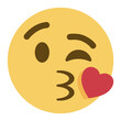 Face Blowing a Kiss emoji vector icon. A yellow face winking with puckered lips blowing a kiss, depicted as a small, red heart. May represent a kiss goodbye or good night.