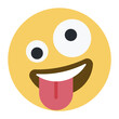 Top quality emoticon. Zany emoji. Goofy emoticon with crazy eyes and tongue out. Yellow face emoji. Popular element.