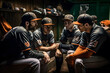 team huddled together in the dugout, discussing game strategy and analyzing their opponents. This shot reflects the strategic aspect of baseball and the team's cohesion ai generated art