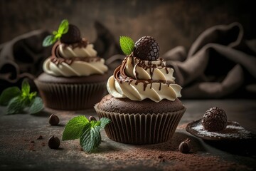 Wall Mural - tasty chocolate cupcakes topped with whipped frosting