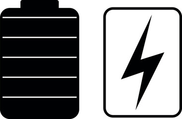 Battery or rechargeable battery. Black with dividers and transparent with lightning bolt sign. Simple vector illustration.