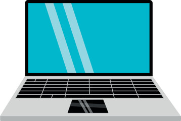 The laptop is gray in color. With black keys and touchpad. Black frame and blue screen with gray glare strips on the display. Vector illustration.