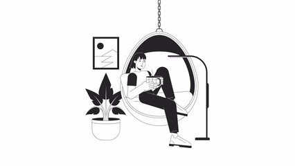 Fototapete - cozy lifestyle bw animation. animated isolated 2d woman with coffee cup. cartoon monochrome flat lin