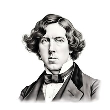 A Vintage Ink Engraving Print Of A Full-face Headshot Portrait Of Oscar Wilde Wearing A Bowtie Against A Pure White Background With Copy Space - Generative AI