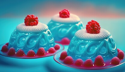 Wall Mural - Raspberry jellies as a close-up on a table in front of a blue wall; the sweet sugar jello and whipped topping are there to decorate a restaurant or café for a special occasion.