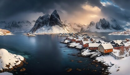 Wall Mural - Incredible overview of the winter Reine town on the lofoten islands of Norway.