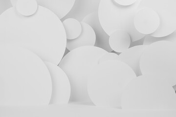 Poster - white abstract background of fly circles different size with perspective, floor, stage mockup for pr