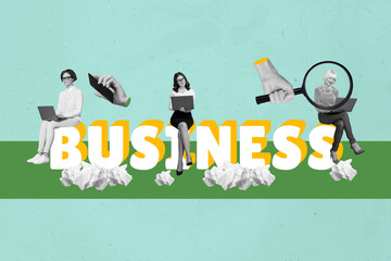 Poster - Creative magazine collage image of arm control working office business people isolated colorful background