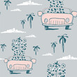 Cheetahon car funny cool summer t-shirt seamless pattern. Road trip vacation print design. Beach