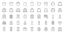 Clothes Line Icons Set. Sweatshirt, Hoody, Pullover, Bathsuit, Jacket, Evening Dress, Cardigan, Trousers Visualization Vector Illustration. Outline Signs Of Fashion Apparel. Editable Stroke