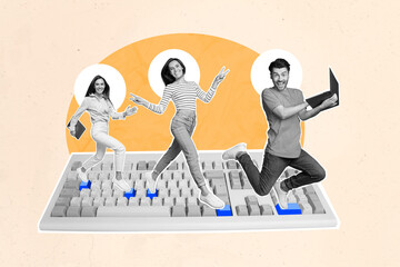 Poster - Magazine collage picture of funky excited business people typing device keyboard isolated drawing background