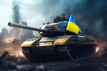 Battle tank with Ukrainian flag. Military or army special operation