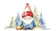 Watercolor illustration, cute Swedish Scandinavian Christmas gnome nisse, tomte, with a big red hat and white beard, in the style of Danish design, Christmas background. AI generated