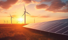 Modern Wind Turbines And Solar Panels Sunset Light. Concept Eco Green Renewable Energy. 