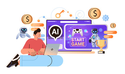 Poster - man playing computer video games with ai helper bot game artificial intelligence technology concept