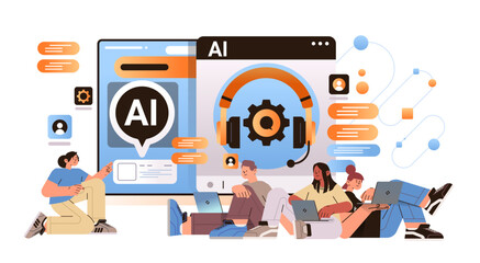 Poster - businesspeople technical team using computer app with ai helper bot customer service call center support concept