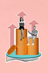 Aufkleber - Creative collage image of purposeful colleagues working together earning coins isolated pink color background