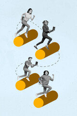 Aufkleber - Collage photo of four team workers together achieve high results become rich success much money efficiency isolated on grey background