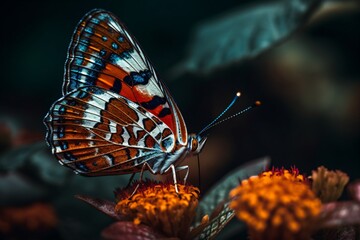 Wall Mural - A macro image of a butterfly perched on a vibrant flower, showcasing the intricate patterns on its wings . Generative AI