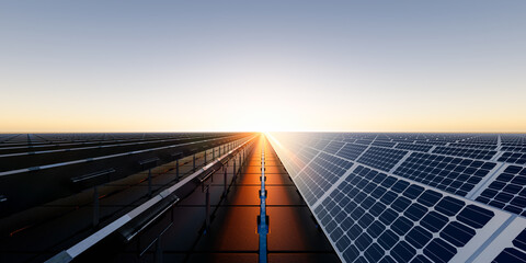 3d rendering of floating solar, floatovoltaics or solar farm consist of photovoltaic cell on panel, pontoon, water. System technology for electric, electricity generation. Clean and green power energy