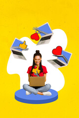 Poster - Vertical collage image of positive girl use netbook chatting arms hold heart thumb up like notification isolated on yellow background