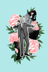 Poster - Vertical collage picture of excited black white colors mini grandfather hold microphone dancing big flowers vinyl record melody notes