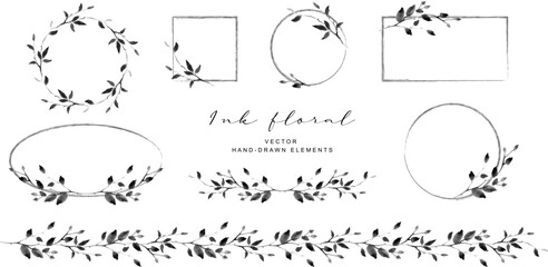Wall Mural - Ink hand drawn floral frames, wreaths with branches and leaves elements.  Vector for label, logo, corporate identity, wedding invites and stationery, branding, logo, greeting card, print products