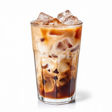 Coffee Infuses Into A Cup Filled With Ice Cubes And Milk To Form Iced Latte, Or Macchiato On An Isolated White Background. Generative AI