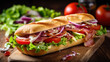Tasty baguette filled with salad, tomatoes, onions and prosciutto. Generative AI