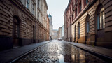 Fototapeta Uliczki - Stone paved road on a deserted city street.