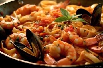 A decadent seafood pasta dish as it sizzles in a skillet on a stovetop. Generative AI